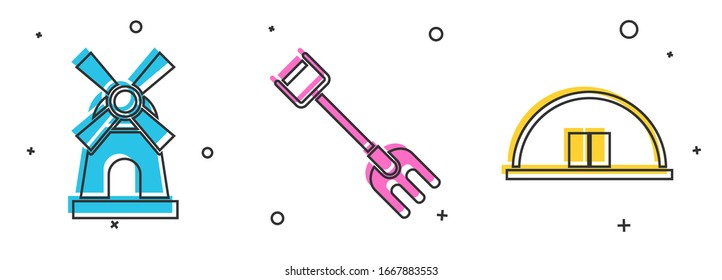 Coloque el icono del molino de viento, el rastrillo de jardín y el icono del hangar. Vector