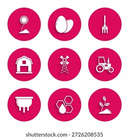Set Windmill, Honeycomb, Sprout, Tractor, Udder, Farm House concept, Garden rake and Sunflower icon. Vector
