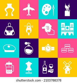 Set Windmill, Macaron cookie, Notre Dame, Paint brush with palette, Scooter, Handbag, Frog legs and Poodle dog icon. Vector