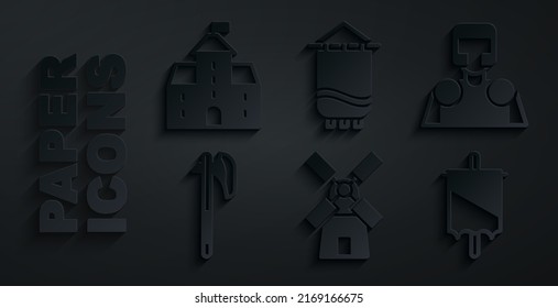 Set Windmill, Medieval knight, axe, flag,  and Castle, fortress icon. Vector