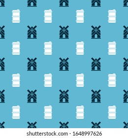 Set Windmill and Metal beer keg on seamless pattern. Vector