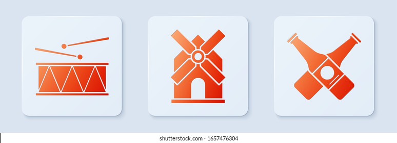 Set Windmill, Musical instrument drum and drum sticks and Crossed beer bottle. White square button. Vector