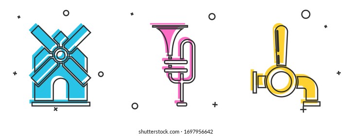 Set Windmill, Musical instrument trumpet and Beer tap icon. Vector