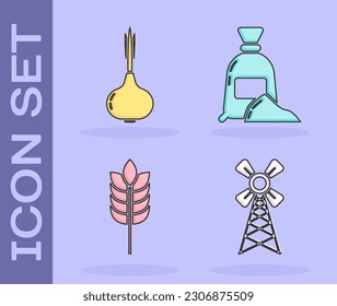 Ponga el molino de viento, la cebolla, los cereales con arroz, trigo, maíz, avena, centeno y la bolsa de un ícono de harina. Vector