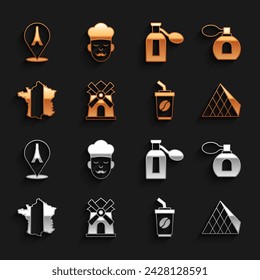 Set Windmill, Perfume, Louvre glass pyramid, Coffee cup to go, Map France, Eiffel tower and Cook icon. Vector
