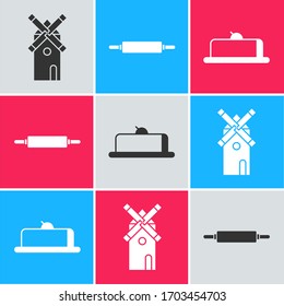 Set Windmill , Rolling pin  and Strawberry cheesecake slice icon. Vector