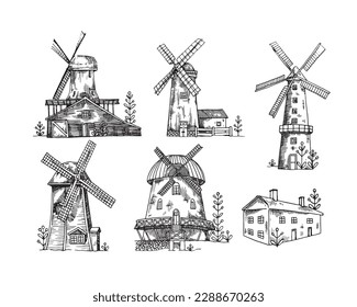 Set windmill in a rural landscape, hand drawn, graphic style. Vector.