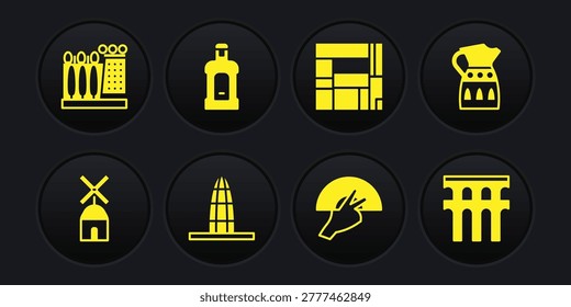 Set Windmill, Sangria pitcher, Agbar tower, Fan flamenco, House Edificio Mirador, Orujo, Aqueduct of Segovia and Dali museum icon. Vector