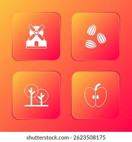 Set Windmill, Seeds, Tree and Apple icon. Vector