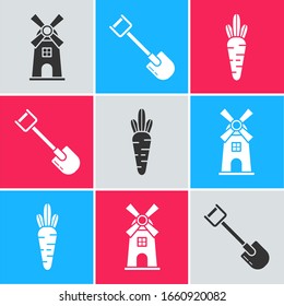 Set Windmill, Shovel and Carrot icon. Vector