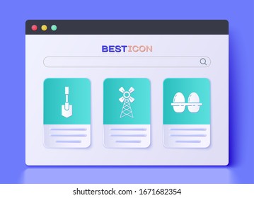 Set Windmill, Shovel and Chicken egg in box icon. Vector
