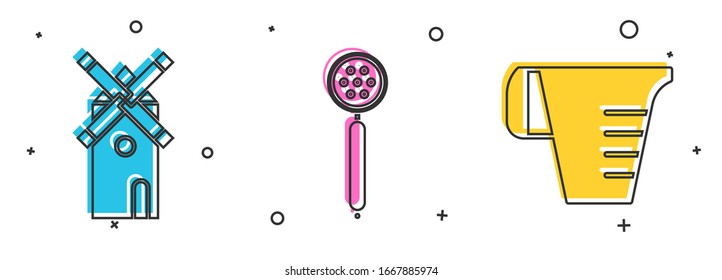 Set Windmill , Strainer spoon  and Measuring cup icon. Vector