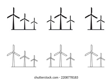 Reihe von Illustrationen von Windrädern, einzeln auf weißem Hintergrund.