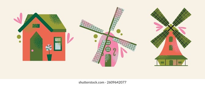 Set of windmills and countryside houses with floral and tree element isolated on background. Flat vector illustration in cartoon style. Rural landscape and village architecture concept