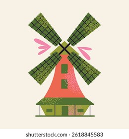 Set of windmills and countryside houses with floral and tree element isolated on background. Flat vector illustration in cartoon style. Rural landscape and village architecture concept
