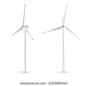 Set of windmills for energy in different positions on a white background. Vector illustration.