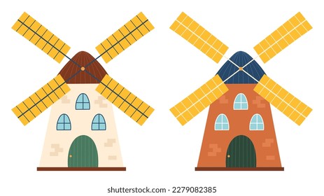 Set with windmills isolated on white background in cartoon style. Hand drawn farm mill icons. Vector illustration