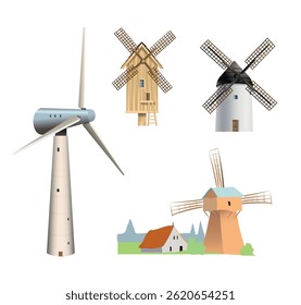 Set of windmills isolated on white background. Vector art illustration
