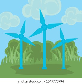 set windmills in landscape nature vector illustration design