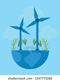 set windmills over the planet earth vector illustration design