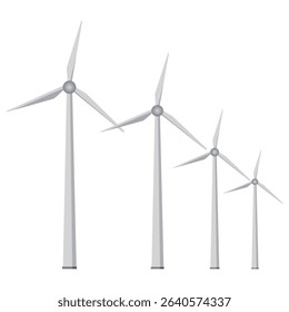 Set of windmills for renewable clean energy production. Isolated illustration. Vector illustration