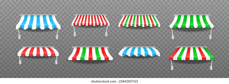 Set of window canopies. Marketplace tent roofs canopy. Canopy from the sun. Striped colorful awnings for shop, hotels, cafes and street restaurants.