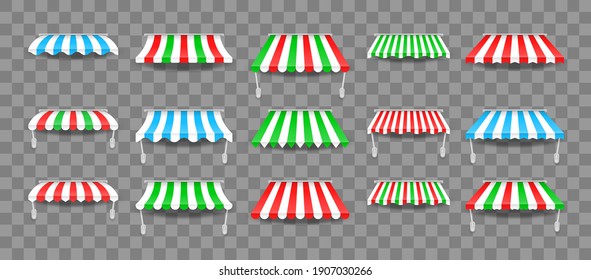 Set of window canopy. Striped colorful awnings for shop, hotels, cafes and street restaurants. Marketplace tent roofs canopy. Canopy from the sun.