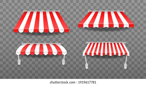 Set of window canopy. Striped colorful awnings for shop, hotels, cafes and street restaurants. Marketplace tent roofs canopy. Canopy from the sun.