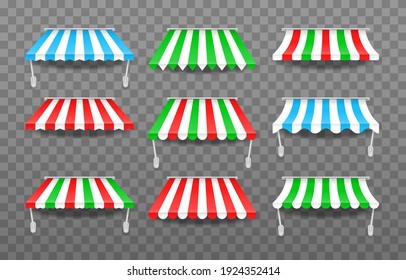 Set of window canopy. Striped colorful awnings for shop, hotels, cafes and street restaurants. Marketplace tent roofs canopy. Canopy from the sun.