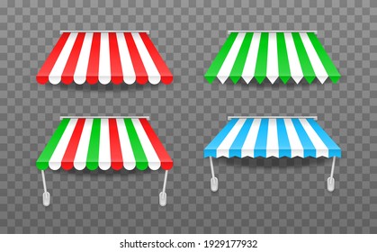 Set of window canopy. Striped colorful awnings for shop, hotels, cafes and street restaurants. Marketplace tent roofs canopy. Canopy from the sun.