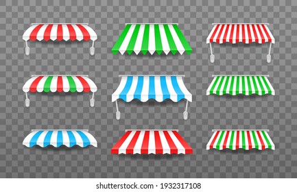 Set of window canopy. Striped colorful awnings for shop, hotels, cafes and street restaurants. Marketplace tent roofs canopy. Canopy from the sun.