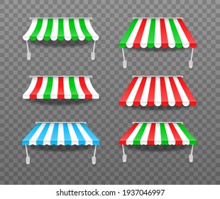 Set of window canopy. Striped colorful awnings for shop, hotels, cafes and street restaurants. Marketplace tent roofs canopy. Canopy from the sun.