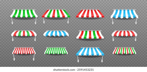 Set of window canopy. Striped colorful awnings for shop, hotels, cafes and street restaurants. Marketplace tent roofs canopy.