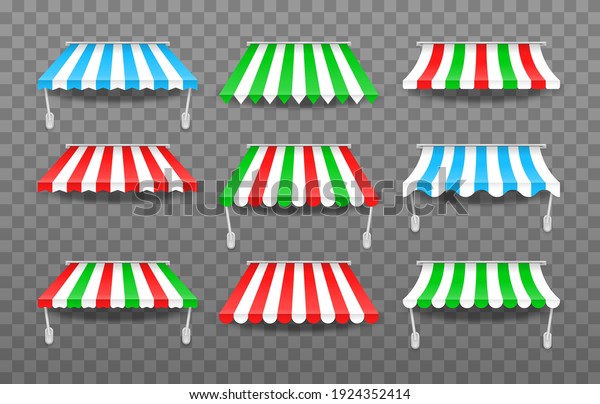 Set of window canopy. Striped colorful awnings\
for shop, hotels, cafes and street restaurants. Marketplace tent\
roofs canopy. Canopy from the\
sun.