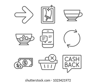 Set of Window cleaning, Smartphone notification and Full rotation icons. Dollar money, Americano and Cold coffee signs. Delete purchase, Next and Money transfer symbols. Vector