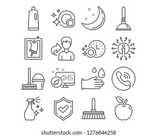 Set of Window cleaning, Washing cleanser and Shampoo icons. Dishwasher timer, Rubber gloves and Plunger signs. Cleaning mop, Clean dishes and Bucket with mop symbols. Vector