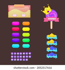 Set-Fenster in Cookie-Stil , Oval-Tasten in verschiedenen Farben , Icon Gewinner Lollipop Crown , Stars Rank Winning Headers , Game-UI-Tasten Vektordesign