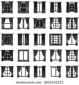Set of window and curtain icons with interior silhouette collection architecture apartment residential shutters decoration illustration windowpane casement