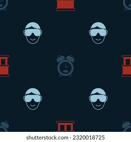 Set Window with curtains, Alarm clock and Eye sleep mask on seamless pattern. Vector