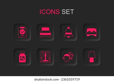 Ponga la ventana con cortinas, cama grande, prescripción médica, sueños, lámpara de mesa, campana sonora e icono de píldora durmiente. Vector