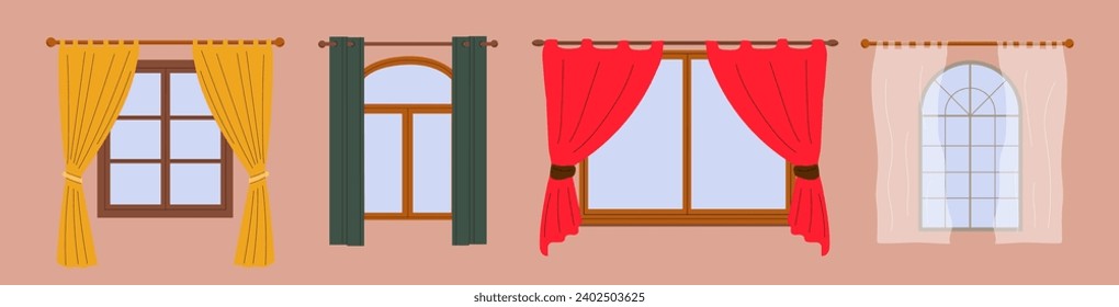 Set of Window and curtains in the room. House window. Vector flat illustration	