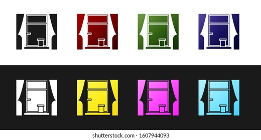 Set Window with curtains in the room icon isolated on black and white background.  Vector Illustration