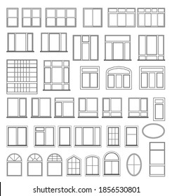 Set of window elements for the design of architectural and construction drawings. Illustration in black color isolated on white background