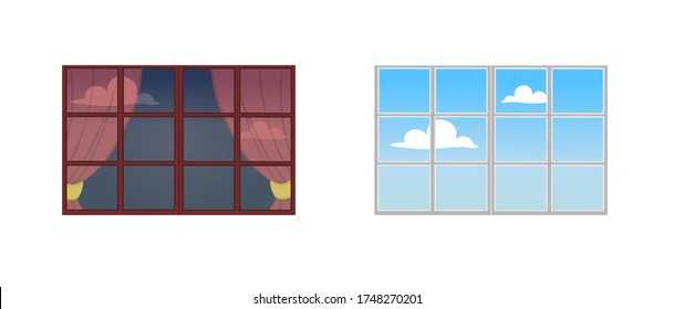 A set of window frames. Reflection of a Sunny day in the glass. The view from the window at the sky with clouds. Vector illustration. 