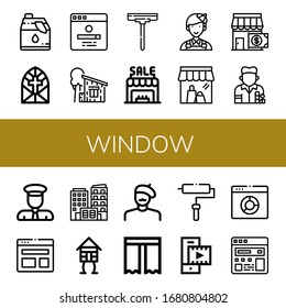 Set of window icons. Such as Cleaner, Stained glass window, Search engine, Cottage, Wiper, Shop, Painter, Captain, Browser, Building, Wooden house, Curtain, Roller , window icons