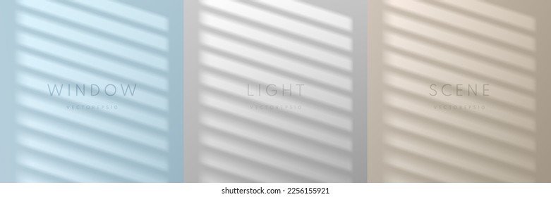 Set of window lighting and shadow overlay on the pastel color wall 3D background. Abstract minimal scene in blue, white gray and beige color. Banner product design. 3D studio room. Vector EPS10.