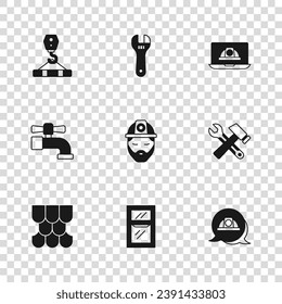Set Window in room, Hammer and wrench spanner, Worker safety helmet, Builder, Crane hook, Adjustable and Water tap icon. Vector
