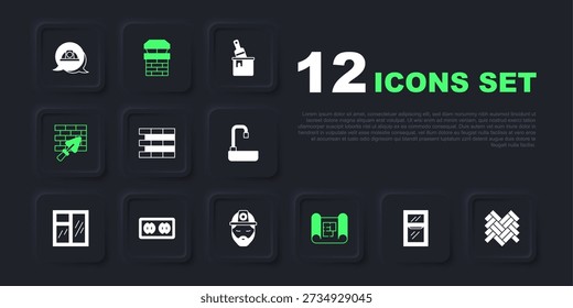 Set Window in room, Parquet, Bricks, House plan, wall with trowel, Electrical outlet, Chimney and Builder icon. Vector