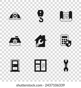 Set Window in room, Security keypad access panel, Wrench spanner, House with wrench, plan, Worker safety helmet, Crane hook and  icon. Vector