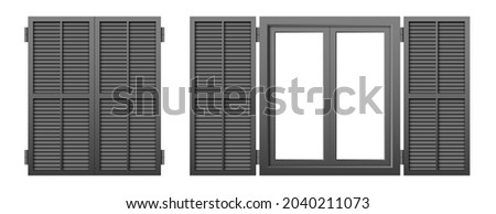 Set of window shutters isolated on a white background. Vector illustration of closed and opened gray window shutter.